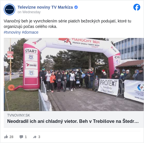 Televízne noviny TV Markíza: Vianočný beh je vyvrcholením série piatich bežeckých podujatí, ktoré tu organizujú počas celého roka.
 #tvnoviny </hashtag/tvnoviny?__eep__=6&fref=mentions&ref=embed_post> #domace </hashtag/domace?__eep__=6&fref=mentions&ref=embed_post>

