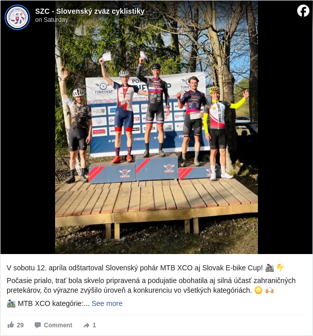 SZC - Slovenský zväz cyklistiky: V sobotu 12. apríla odštartoval Slovenský pohár MTB XCO aj Slovak E-bike Cup! 🚵‍♀️ ⚡️

 Počasie prialo, trať bola skvelo pripravená a podujatie obohatila aj silná účasť zahraničných pretekárov, čo výrazne zvýšilo úroveň a konkurenciu vo všetkých kategóriách. ☀️ 🙌🏼

 🚵‍♂️ MTB XCO kategórie:
 Mini chlapci – J. Roštár (PROefekt Košice) 🇸🇰
 Mini dievčatá – N. Čerňanská (FENIX BIKE - Team Bratislava) 🇸🇰
 Mladší žiaci – A. Péter Patrik (Bike Expert Specialized Team) 🇭🇺
 Mladšie žiačky – Réka Storcz-Nagy (BexS Team) 🇭🇺
 Starší žiaci – Máté Bruchner (GreenZone ZKSE) 🇭🇺
 Staršie žiačky – Eliška Konigová (Športový Klub Topoľčianky) 🇸🇰
 Kadeti – Milan Húsenica (Športový Klub Topoľčianky) 🇸🇰
 Kadetky – Heléna Hegedűs (Cube-Csömör MTB team) 🇭🇺
 Juniori – Piotr Hankus (Pho3nix Cycling Team) 🇭🇺
 Juniorky – Bettina Nikoletta Kiss (Bike-Zone Godollo) 🇭🇺
 Muži Elite – Matej Ulík (EXPRES CZ - BMD TEAM KOLÍN) 🇸🇰
 Ženy Elite – Gabriela Wojtyła (SUPERIOR ZATOR)

 ⚡️ E-bike kategórie:
 Ženy – Tereza Kurnická (Novomestský Superbiker) 🇸🇰
 Muži – Lukáš Vranák (OExCUBE RACING) 🇸🇰

 Gratulujeme víťazom všetkých kategórií 👏🏼 

 🔗 Kompletné výsledky: https://rb.gy/6a34cs <https://l.facebook.com/l.php?u=https%3A%2F%2Frb.gy%2F6a34cs&h=AT1HUjEQo4XXskjJiqTOg96QteHvuAAwlpGmIzhLDk0r-FPSyPy8UNlx4eVJqxyu7w4bRRUugWnImRlC1ca53iR7QuIiOAt0-T0Ysnuz67jGR_4a6Ykn1PgKrldE_9iij98>
 📸 Fotogaléria: https://www.facebook.com/share/p/1JHKVE9fLn/ </miroslav.benko.77/posts/24213926011528846?ref=embed_post>

