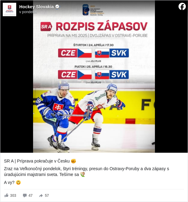 Hockey Slovakia: SR A | Príprava pokračuje v Česku ✊

 Zraz na Veľkonočný pondelok, štyri tréningy, presun do Ostravy-Poruby a dva zápasy s úradujúcimi majstrami sveta. Tešíme sa 🙋🏼‍♂️

 A vy? 🙃

