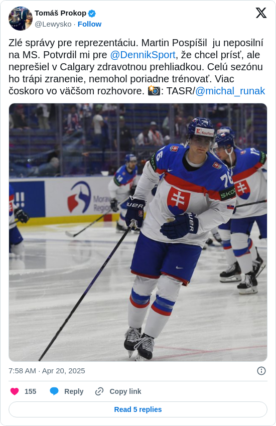 Tomáš Prokop: Zlé správy pre reprezentáciu. Martin Pospíšil  ju neposilní na MS. Potvrdil mi pre @DennikSport, že chcel prísť, ale neprešiel v Calgary zdravotnou prehliadkou. Celú sezónu ho trápi zranenie, nemohol poriadne trénovať. Viac čoskoro vo väčšom rozhovore. 📸: TASR/@michal_runak https://t.co/23KUkJ3QaK