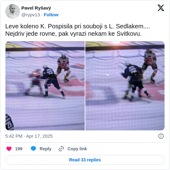 Pavel Ryšavý: Leve koleno K. Pospisila pri souboji s L. Sedlakem.... Nejdriv jede rovne, pak vyrazi nekam ke Svitkovu. https://t.co/lRQq4az2BP