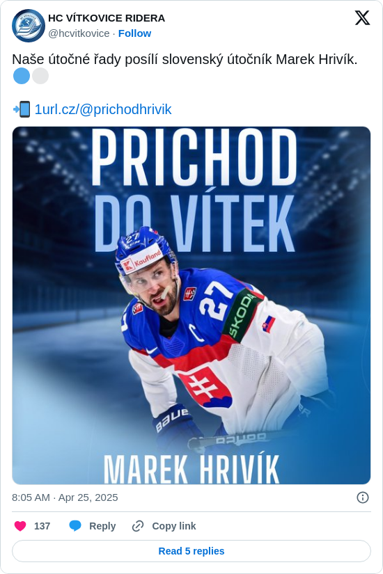 HC VÍTKOVICE RIDERA: Naše útočné řady posílí slovenský útočník Marek Hrivík. 🔵⚪️

📲 https://t.co/ur0jbQcb82 https://t.co/k9rOQ1xjeo