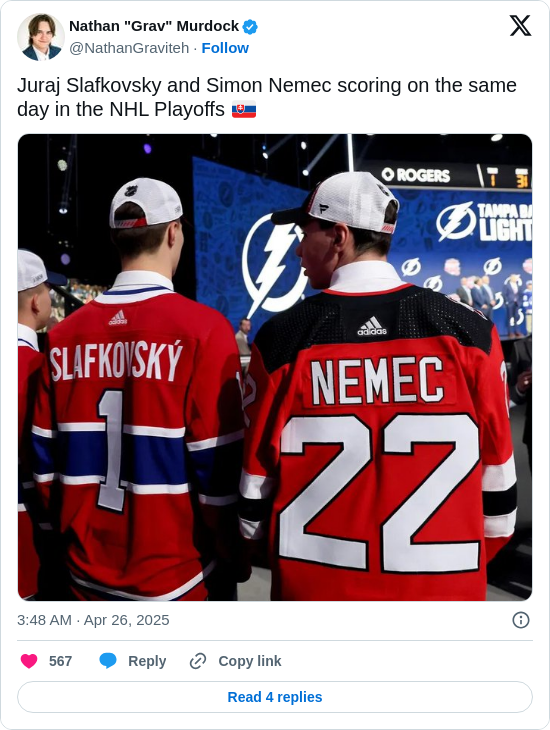 Nathan "Grav" Murdock: Juraj Slafkovsky and Simon Nemec scoring on the same day in the NHL Playoffs 🇸🇰 https://t.co/DBFzXW97tt