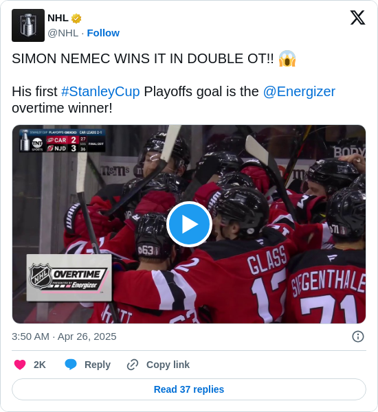 NHL: SIMON NEMEC WINS IT IN DOUBLE OT!! 😱 

His first #StanleyCup Playoffs goal is the @Energizer overtime winner! https://t.co/IcTUqDhTUE
