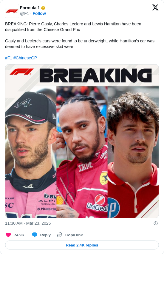 Formula 1: BREAKING: Pierre Gasly, Charles Leclerc and Lewis Hamilton have been disqualified from the Chinese Grand Prix 

Gasly and Leclerc's cars were found to be underweight, while Hamilton's car was deemed to have excessive skid wear

#F1 #ChineseGP https://t.co/2YPuFk8DZL