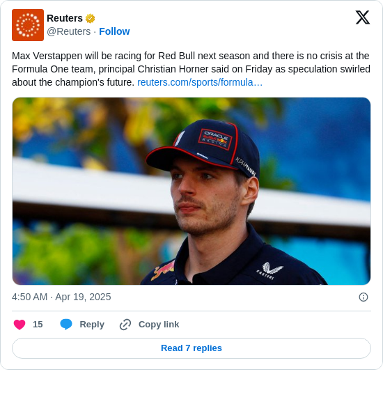 Reuters: Max Verstappen will be racing for Red Bull next season and there is no crisis at the Formula One team, principal Christian Horner said on Friday as speculation swirled about the champion's future. https://t.co/OJMDY0ucQt https://t.co/YbvPDD0geY