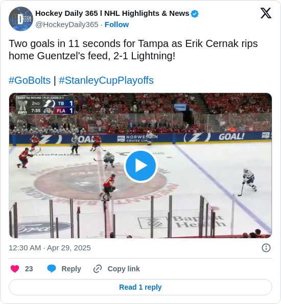 Hockey Daily 365 l NHL Highlights & News: Two goals in 11 seconds for Tampa as Erik Cernak rips home Guentzel's feed, 2-1 Lightning!

#GoBolts | #StanleyCupPlayoffs https://t.co/w7eQbX5f36