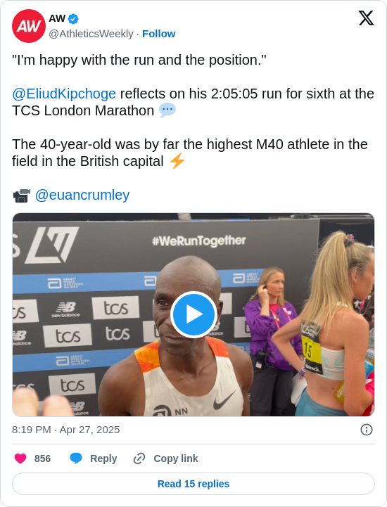 AW: "I'm happy with the run and the position." 

@EliudKipchoge reflects on his 2:05:05 run for sixth at the TCS London Marathon 💬

The 40-year-old was by far the highest M40 athlete in the field in the British capital ⚡️

📹 @euancrumley https://t.co/8UelOb7tUs