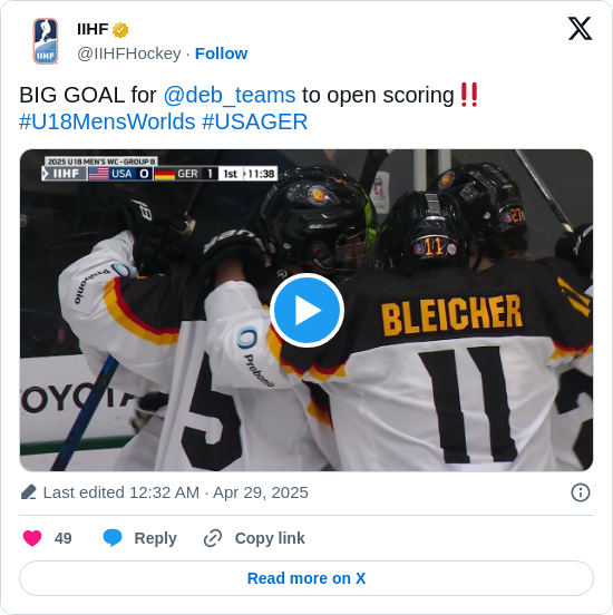IIHF: BIG GOAL for @deb_teams to open scoring‼️ #U18MensWorlds #USAGER https://t.co/NtUUOzlzLV