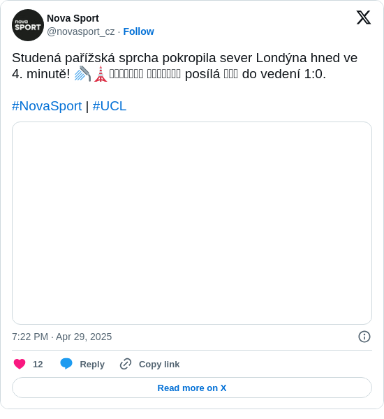 Nova Sport: Studená pařížská sprcha pokropila sever Londýna hned ve 4. minutě! 🚿🗼𝐎𝐔𝐒𝐌𝐀𝐍𝐄 𝐃𝐄𝐌𝐁𝐄𝐋𝐄 posílá 𝐏𝐒𝐆 do vedení 1:0.

#NovaSport | #UCL https://t.co/Tf3oYTfpGw
