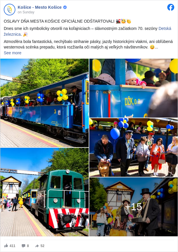 Košice - Mesto Košice: OSLAVY DŇA MESTA KOŠICE OFICIÁLNE ODŠTARTOVALI 🚂🥳👏

 Dnes sme ich symbolicky otvorili na koľajniciach – slávnostným začiatkom 70. sezóny Detská železnica <https://www.facebook.com/detskazeleznica?fref=mentions&ref=embed_post>. 🎉

 Atmosféra bola fantastická, nechýbalo strihanie pásky, jazdy historickými vlakmi, ani obľúbená westernová scénka prepadu, ktorá rozžiarila oči malých aj veľkých návštevníkov. 😉

 Detská železnica je už sedem desaťročí súčasťou života Košičanov – vďaka láske, odhodlaniu a podpore mesta, dobrovoľníkov a nadšencov zostáva miestom, kde sny o dobrodružstve stále žijú. 🙏

 Dnešným dňom sme tak odštartovali dvojtýždňovú sériu podujatí, ktoré oslavujú naše mesto a jeho ľudí. Tešíme sa na vás počas celého trvania Oslavy Dňa mesta Košice </events/1240512260965512/?event_time_id=1240512294298842&acontext=%7B%22source%22%3A3%2C%22source_newsfeed_story_type%22%3A%22regular%22%2C%22action_history%22%3A%22%5B%7B%5C%22surface%5C%22%3A%5C%22newsfeed%5C%22%2C%5C%22mechanism%5C%22%3A%5C%22feed_story%5C%22%2C%5C%22extra_data%5C%22%3A%5B%5D%7D%5D%22%2C%22has_source%22%3Atrue%7D&source=3&source_newsfeed_story_type=regular&action_history=%5B%7B%22surface%22%3A%22newsfeed%22%2C%22mechanism%22%3A%22feed_story%22%2C%22extra_data%22%3A%5B%5D%7D%5D&has_source=1&fref=mentions&ref=embed_post>. 🤗

 👉 Kompletný program osláv nájdete na: www.denmestakosice.sk <https://l.facebook.com/l.php?u=http%3A%2F%2Fwww.denmestakosice.sk%2F&h=AT1Y8b6Hy82jd4iYjv_SeoavtwSjRvFy3cjCoknEBT4INtTnVRbm1peMTWtMMQQpbMp5w9-CulId8xdQIN0veK75iZxNKelW5Neujiq9k0IAGxe6LtmkT37oyTAwqNpV2Fcw74yeK1loFGE>


