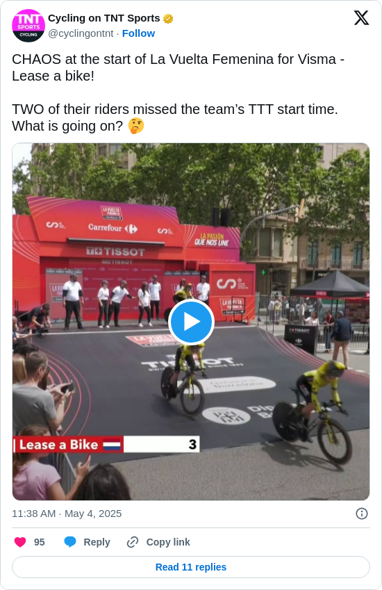 Cycling on TNT Sports: CHAOS at the start of La Vuelta Femenina for Visma - Lease a bike!

TWO of their riders missed the team’s TTT start time. What is going on? 🤔 https://t.co/O65EbFhC4h
