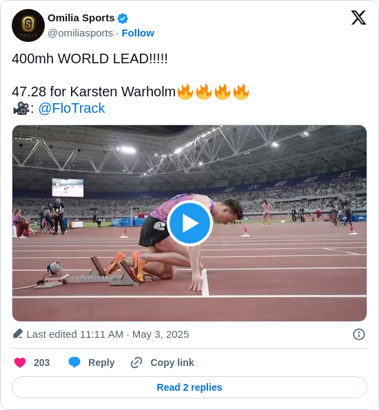Omilia Sports: 400mh WORLD LEAD!!!!! 

47.28 for Karsten Warholm🔥🔥🔥🔥
🎥: @FloTrack https://t.co/69FQVrX86L