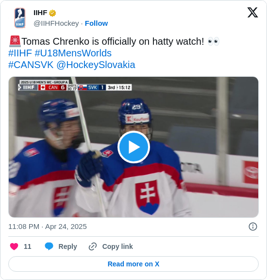 IIHF: 🚨Tomas Chrenko is officially on hatty watch! 👀
#IIHF #U18MensWorlds 
#CANSVK @HockeySlovakia https://t.co/2LAMkzlRWL