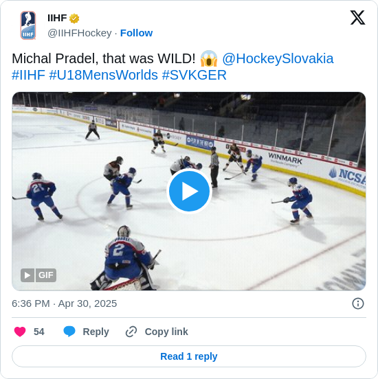 IIHF: Michal Pradel, that was WILD! 😱 @HockeySlovakia 
#IIHF #U18MensWorlds #SVKGER https://t.co/9BpcdVHCQO