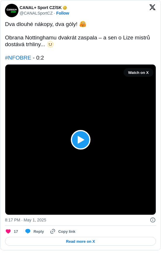 CANAL+ Sport CZ/SK: Dva dlouhé nákopy, dva góly! 🫣

Obrana Nottinghamu dvakrát zaspala – a sen o Lize mistrů dostává trhliny... 🫥

#NFOBRE - 0:2 https://t.co/k1t4qwMqmr