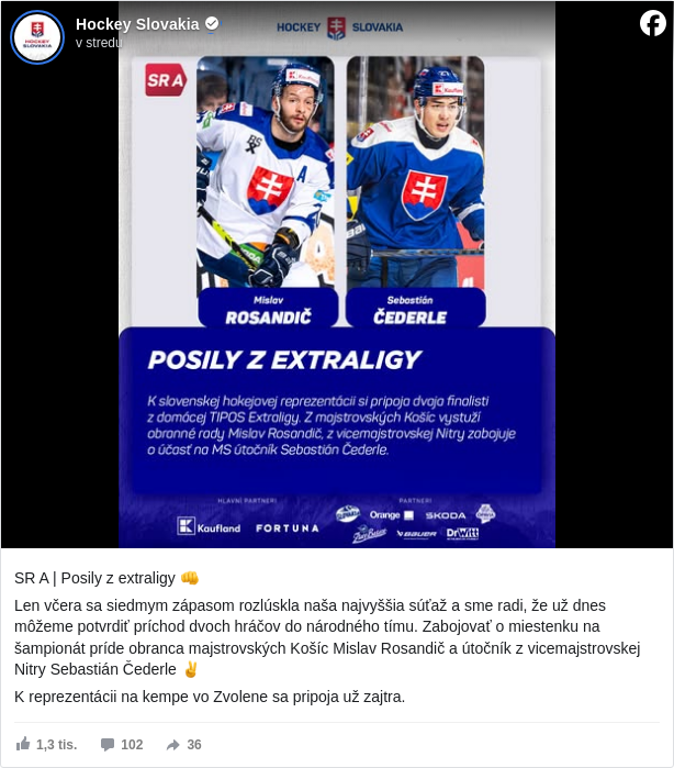 Hockey Slovakia: SR A | Posily z extraligy 👊

 Len včera sa siedmym zápasom rozlúskla naša najvyššia súťaž a sme radi, že už dnes môžeme potvrdiť príchod dvoch hráčov do národného tímu. Zabojovať o miestenku na šampionát príde obranca majstrovských Košíc Mislav Rosandič a útočník z vicemajstrovskej Nitry Sebastián Čederle ✌

 K reprezentácii na kempe vo Zvolene sa pripoja už zajtra.

