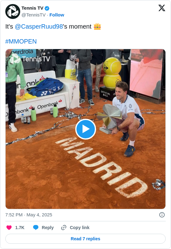 Tennis TV: It's @CasperRuud98's moment 👑

#MMOPEN https://t.co/pca52wThIP