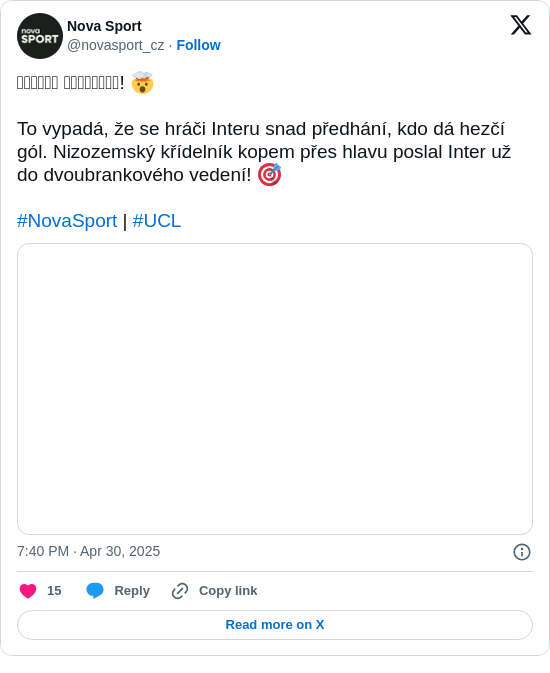 Nova Sport: 𝐃𝐄𝐍𝐙𝐄𝐋 𝐃𝐔𝐌𝐅𝐑𝐈𝐄𝐒! 🤯

To vypadá, že se hráči Interu snad předhání, kdo dá hezčí gól. Nizozemský křídelník kopem přes hlavu poslal Inter už do dvoubrankového vedení! 🎯

#NovaSport | #UCL https://t.co/I7GaB7IIKP