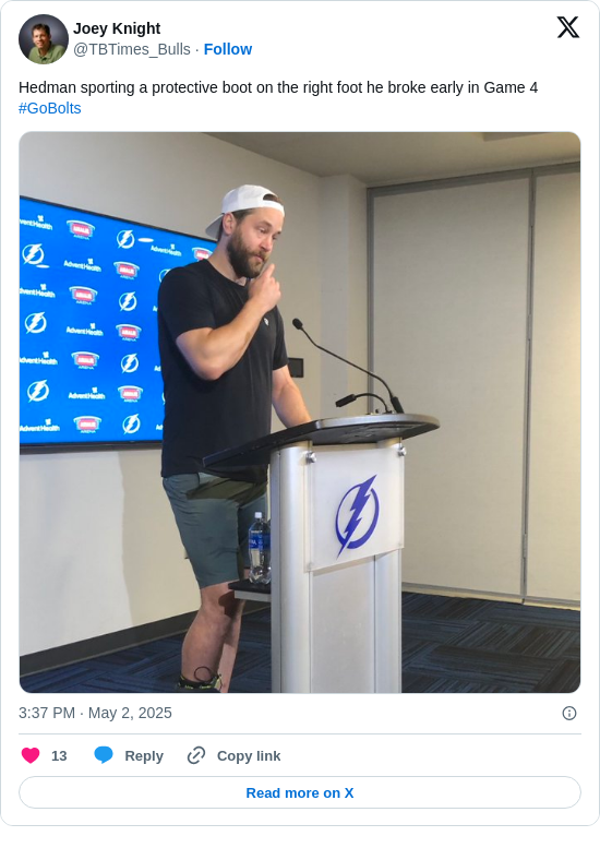 Joey Knight: Hedman sporting a protective boot on the right foot he broke early in Game 4 #GoBolts https://t.co/vB7uyN1GeA