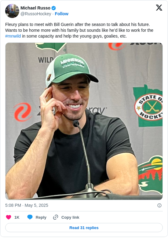 Michael Russo: Fleury plans to meet with Bill Guerin after the season to talk about his future. Wants to be home more with his family but sounds like he’d like to work for the #mnwild in some capacity and help the young guys, goalies, etc. https://t.co/oGgTd6nwnu
