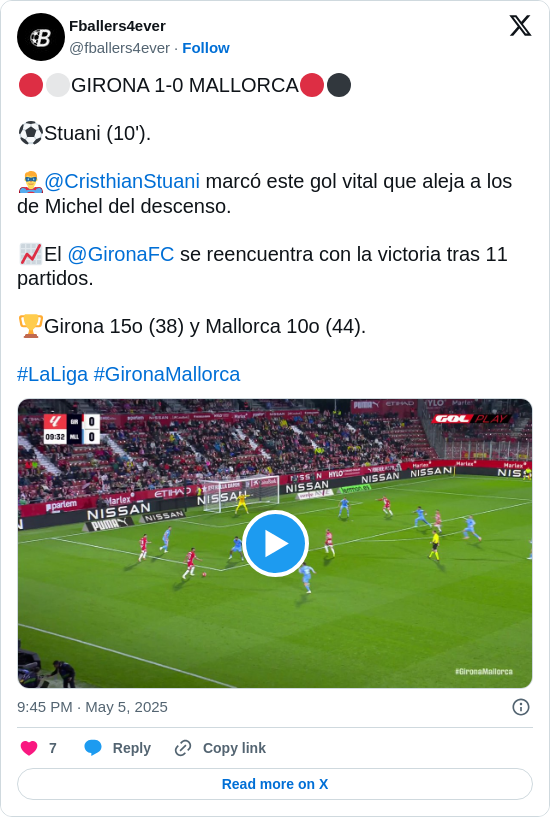 Fballers4ever: 🔴⚪GIRONA 1-0 MALLORCA🔴⚫

⚽Stuani (10').

🦸‍♂️@CristhianStuani marcó este gol vital que aleja a los de Michel del descenso.

📈El @GironaFC se reencuentra con la victoria tras 11 partidos.

🏆Girona 15o (38) y Mallorca 10o (44).

#LaLiga #GironaMallorca https://t.co/48ROjyEYOj
