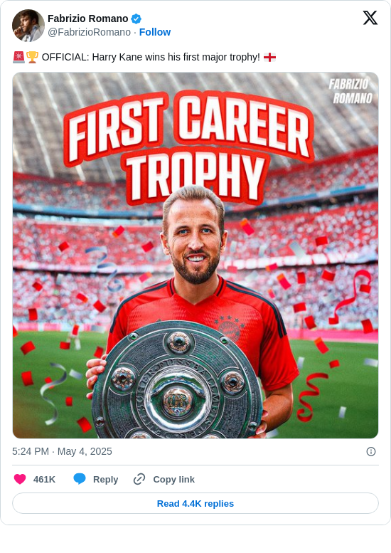 Fabrizio Romano: 🚨🏆 OFFICIAL: Harry Kane wins his first major trophy! 🏴󠁧󠁢󠁥󠁮󠁧󠁿 https://t.co/mHwrl35mpV
