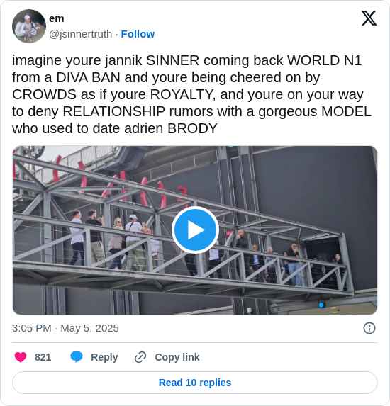 em: imagine youre jannik SINNER coming back WORLD N1 from a DIVA BAN and youre being cheered on by CROWDS as if youre ROYALTY, and youre on your way to deny RELATIONSHIP rumors with a gorgeous MODEL who used to date adrien BRODY  https://t.co/n7yKz9iis7