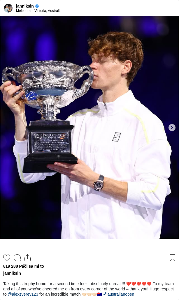 

Taking this trophy home for a second time feels absolutely unreal!!!! ❤️❤️❤️❤️❤️ To my team and all of you who’ve cheered me on from every corner of the world – thank you! Huge respect to @alexzverev123 for an incredible match 🤝🏻🤝🏻🤝🏻🇦🇺 @australianopen