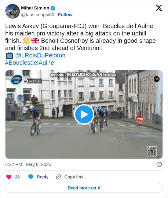 Mihai Simion: Lewis Askey (Groupama-FDJ) won  Boucles de l'Aulne, his maiden pro victory after a big attack on the uphill finish. 👏🇬🇧 Benoit Cosnefroy is already in good shape and finishes 2nd ahead of Venturini. 
📺 @LRoisDuPeloton
#BouclesdelAulne
https://t.co/qHTpzzxops