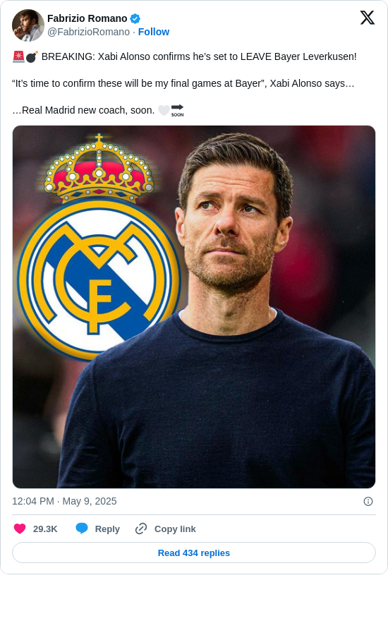 Fabrizio Romano: 🚨💣 BREAKING: Xabi Alonso confirms he’s set to LEAVE Bayer Leverkusen!

“It’s time to confirm these will be my final games at Bayer”, Xabi Alonso says…

…Real Madrid new coach, soon. 🤍🔜 https://t.co/5nHKlZqfBf