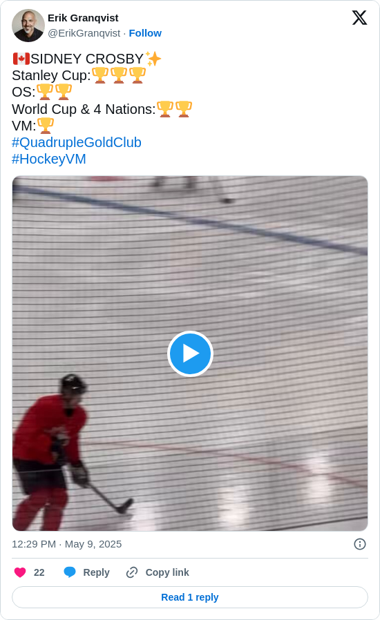 Erik Granqvist: 🇨🇦SIDNEY CROSBY✨
Stanley Cup:🏆🏆🏆
OS:🏆🏆
World Cup &amp; 4 Nations:🏆🏆
VM:🏆
#QuadrupleGoldClub
#HockeyVM https://t.co/TNfTF6SXx3