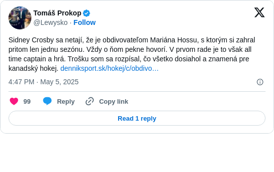 Tomáš Prokop: Sidney Crosby sa netají, že je obdivovateľom Mariána Hossu, s ktorým si zahral pritom len jednu sezónu. Vždy o ňom pekne hovorí. V prvom rade je to však all time captain a hrá. Trošku som sa rozpísal, čo všetko dosiahol a znamená pre kanadský hokej. https://t.co/y5kXG7RwUB