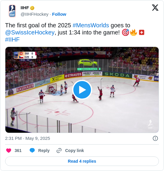 IIHF: The first goal of the 2025 #MensWorlds goes to @SwissIceHockey, just 1:34 into the game! 🎯🔥🇨🇭 #IIHF https://t.co/rYLrvAa4ow