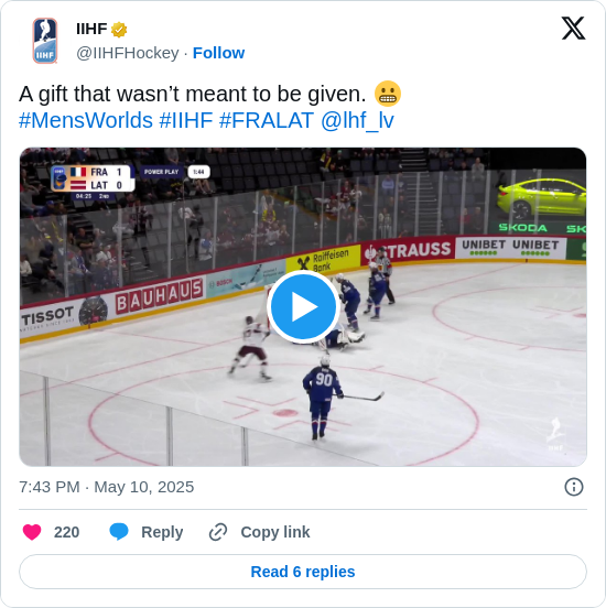 IIHF: A gift that wasn’t meant to be given. 😬 
#MensWorlds #IIHF #FRALAT @lhf_lv https://t.co/PMgrgcKk5A
