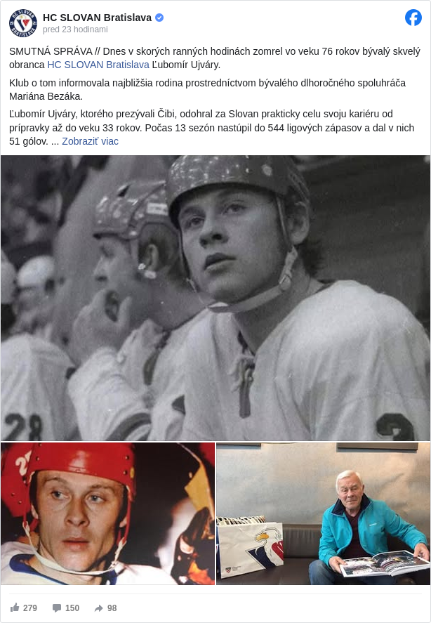 HC SLOVAN Bratislava: SMUTNÁ SPRÁVA // Dnes v skorých ranných hodinách zomrel vo veku 76 rokov bývalý skvelý obranca HC SLOVAN Bratislava <https://www.facebook.com/hcslovan?fref=mentions&ref=embed_post> Ľubomír Ujváry. 

 Klub o tom informovala najbližšia rodina prostredníctvom bývalého dlhoročného spoluhráča Mariána Bezáka. 

 Ľubomír Ujváry, ktorého prezývali Čibi, odohral za Slovan prakticky celu svoju kariéru od prípravky až do veku 33 rokov. Počas 13 sezón nastúpil do 544 ligových zápasov a dal v nich 51 gólov. 

 V 70-tých rokoch vytvoril legendárny obranný pár s Jozefom Bukovinským, ktorý hrával pred bratmi Šťastnými. Spolu mali rozhodujúci podiel na zisku federálneho majstrovského titulu pre Slovan a slovenský klubový hokej v roku 1979.

 Ľubomír Ujváry si napriek nabitej konkurencii zahral aj v československej reprezentácii. Na MS 1970 získal bronzovú medailu. Celkom odohral 21 reprezentačných zápasov, v ktorých dal dva góly. 

 HC SLOVAN vyjadruje rodine, priateľom a známym Ľubomíra Ujváryho úprimnú sústrasť. Česť jeho pamiatke! 💔

