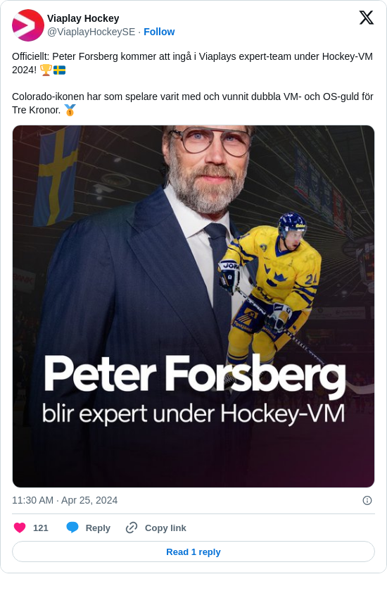 Viaplay Hockey: Officiellt: Peter Forsberg kommer att ingå i Viaplays expert-team under Hockey-VM 2024! 🏆🇸🇪

Colorado-ikonen har som spelare varit med och vunnit dubbla VM- och OS-guld för Tre Kronor. 🥇 https://t.co/kpeCzo8htT