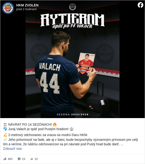 HKM ZVOLEN: 🔙 NÁVRAT PO 14 SEZÓNACH! 🔥
 🛡️ Juraj Valach je späť pod Pustým hradom! 🏰

 💪 2-metrový odchovanec sa vracia na modrú čiaru HKM. 
 📈 Jeho prítomnosť na ľade, ale aj v šatni, bude bezpochyby významným prínosom pre celý tím a veríme, že nášmu odchovancovi sa pri návrate pod Pustý hrad bude dariť. 
 🌐 hkmzvolen.sk: <https://l.facebook.com/l.php?u=http%3A%2F%2Fhkmzvolen.sk%2F&h=AT1Sc-WNw8hF7LqQUrdrKDkFZUhjhSYy_diYFyobMDZwKSdbTIT80YYIllb-RR4aC_kwR2VEEpkk7wBXLVYrtmWOZrQApJDLwqGG6atUTx8OFT0HGijCJIx9RL0yGpqrOi4> https://shorturl.at/uWQ6W <https://l.facebook.com/l.php?u=https%3A%2F%2Fshorturl.at%2FuWQ6W&h=AT3roJMl78IA1OFkEqDHLUjvt3OJ4d-cGYBkIB0Gsj1zPXXeUTRzkqgvEjLmCfvrBCzSITTWx5un9tskOY5pauDhYz4ZhV04IAjr8nffifvw3SzCamo_NgkUuB5xekE9dX8>

