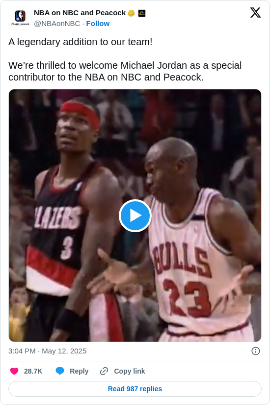 NBA on NBC and Peacock: A legendary addition to our team!

We’re thrilled to welcome Michael Jordan as a special contributor to the NBA on NBC and Peacock. https://t.co/Pjsq8tokfi