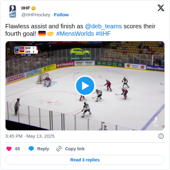 IIHF: Flawless assist and finish as @deb_teams scores their fourth goal! 🇩🇪🤝 #MensWorlds #IIHF https://t.co/yAtyLDAo8r