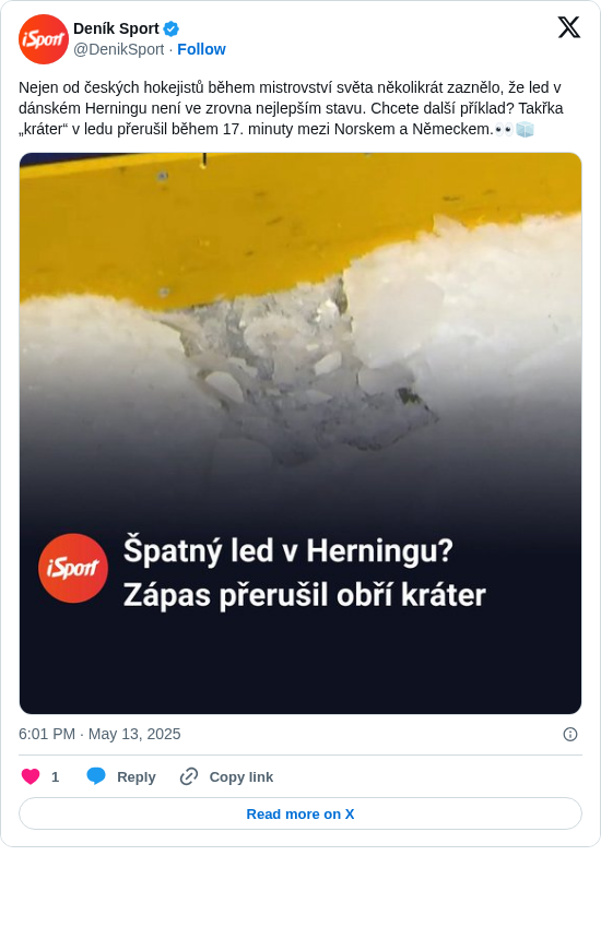 Deník Sport: Nejen od českých hokejistů během mistrovství světa několikrát zaznělo, že led v dánském Herningu není ve zrovna nejlepším stavu. Chcete další příklad? Takřka „kráter“ v ledu přerušil během 17. minuty mezi Norskem a Německem.👀🧊 https://t.co/uYyxUCZPFK