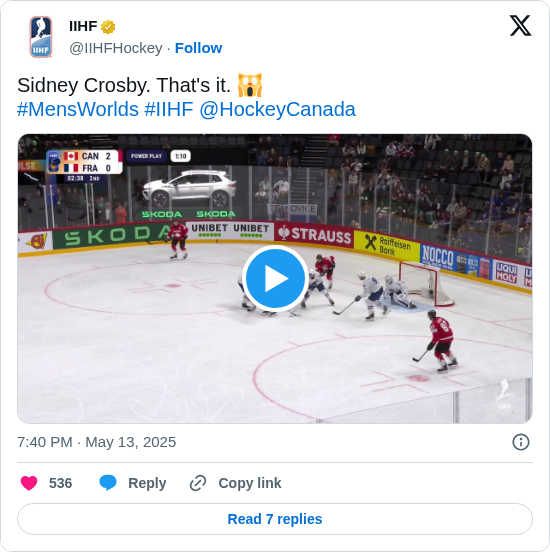 IIHF: Sidney Crosby. That's it. 🙀
#MensWorlds #IIHF @HockeyCanada https://t.co/EDu5k7cIkR