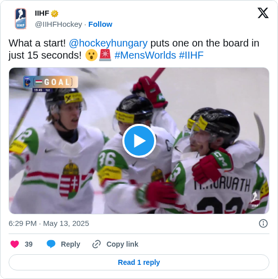 IIHF: What a start! @hockeyhungary puts one on the board in just 15 seconds! 😮🚨 #MensWorlds #IIHF https://t.co/4yxda4Wgh7