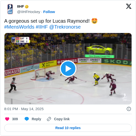 IIHF: A gorgeous set up for Lucas Raymond! 🤩
#MensWorlds #IIHF @Trekronorse https://t.co/B9vGNaA2kP