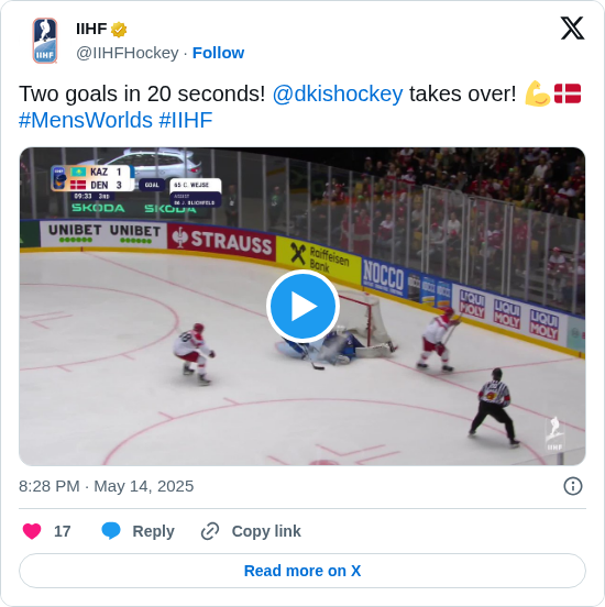 IIHF: Two goals in 20 seconds! @dkishockey takes over! 💪🇩🇰 #MensWorlds #IIHF https://t.co/LUuMIQIPZV