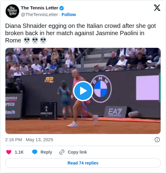 The Tennis Letter: Diana Shnaider egging on the Italian crowd after she got broken back in her match against Jasmine Paolini in Rome 💀💀💀

 https://t.co/18Suzrsi8K