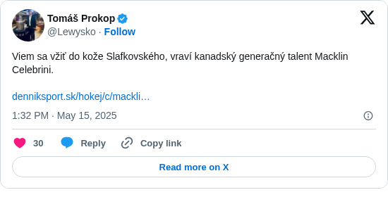 Tomáš Prokop: Viem sa vžiť do kože Slafkovského, vraví kanadský generačný talent Macklin Celebrini. 

https://t.co/JPs0jrQNV1