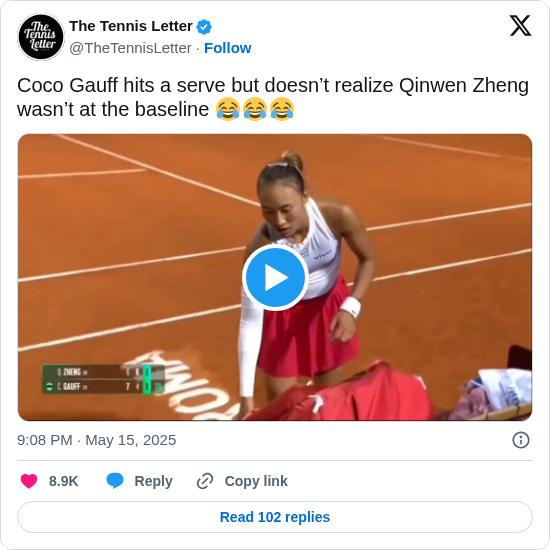 The Tennis Letter: Coco Gauff hits a serve but doesn’t realize Qinwen Zheng wasn’t at the baseline 😂😂😂 

 https://t.co/wK6g44ztRa