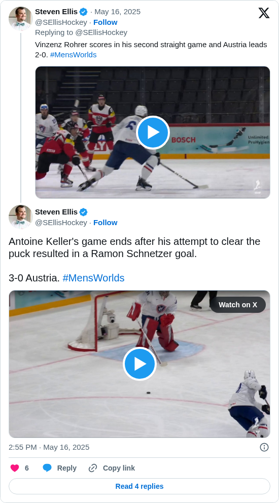 Steven Ellis: Antoine Keller's game ends after his attempt to clear the puck resulted in a Ramon Schnetzer goal. 

3-0 Austria. #MensWorlds https://t.co/I9xuagiFv4