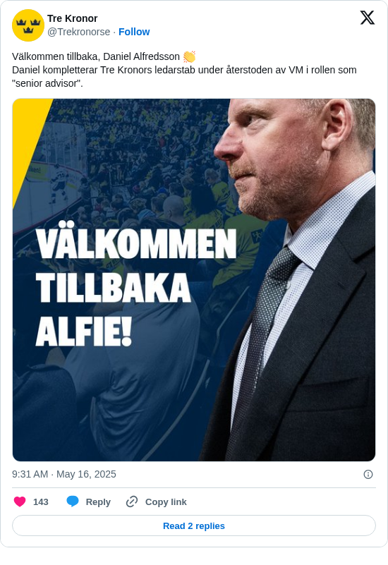 Tre Kronor: Välkommen tillbaka, Daniel Alfredsson 👏
Daniel kompletterar Tre Kronors ledarstab under återstoden av VM i rollen som "senior advisor". https://t.co/Sa4a2vVfFy